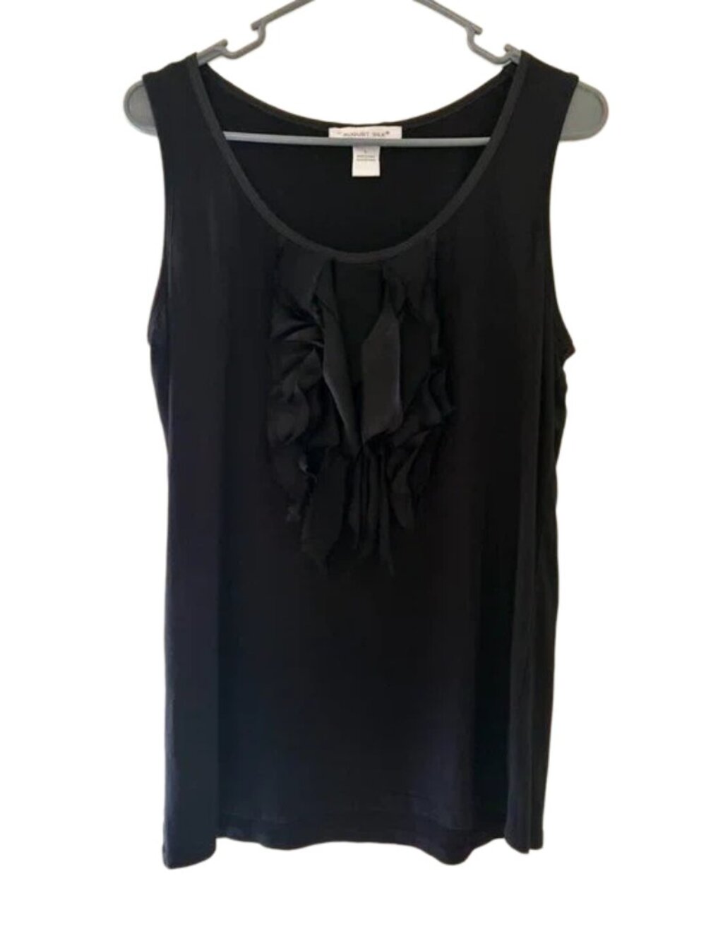 August Silk Whimsical Black Frayed Ruffle Front Sleeveless Top